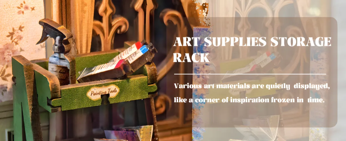 Monet's Impression book nook Art Supplies Storage Rack, Monet Studio detail.