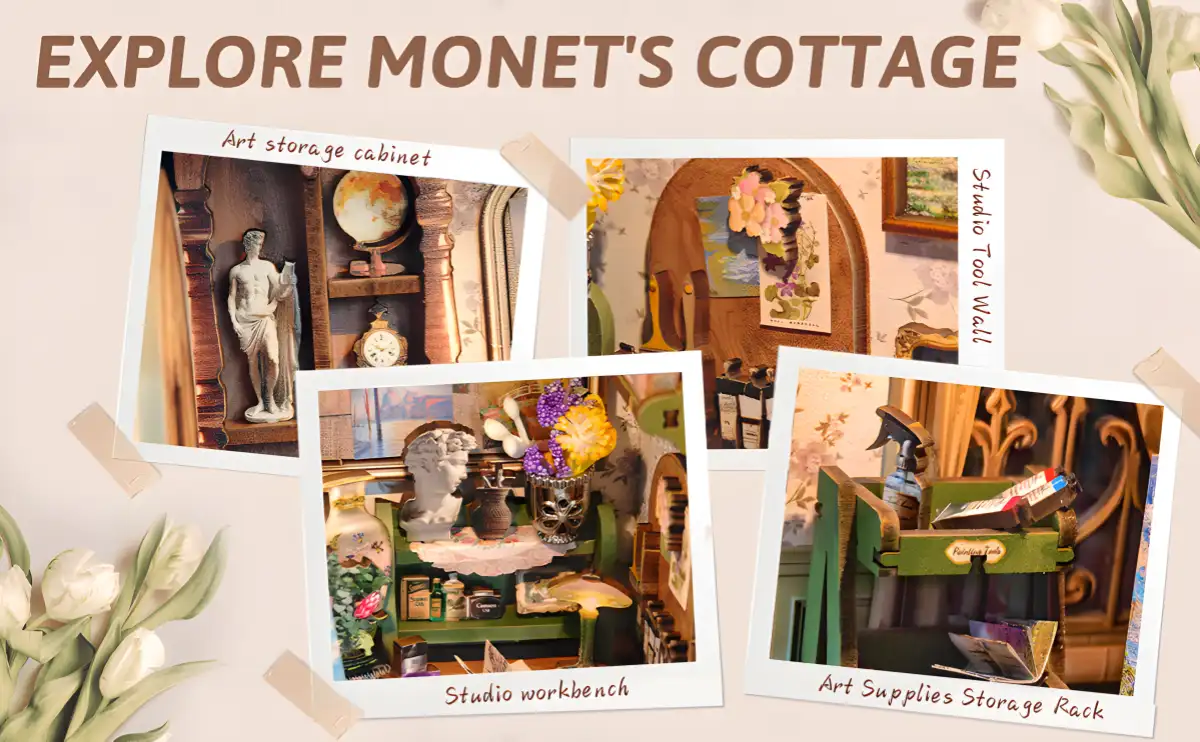 Monet Studio detail shots, Artist Workbench, Art Supplies Storage Rack diorama.