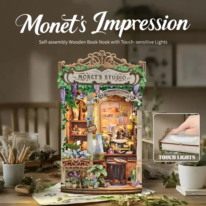 Monet’s Impression Book Nook Kit, touch lights, DIY Book Nook Kit, finished assembly.