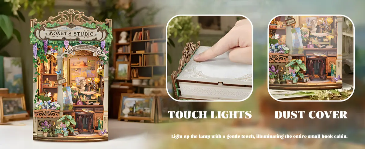 Monet's Impression book nook, touch lights, Book Nook Kit dust cover feature.