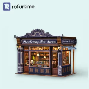The Notting Hill Stories Miniature House DIY kit British vintage bookstore miniature on plain background