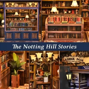 Macro details of bookstore miniature accessories including gramophone, cashier desk, and plants.