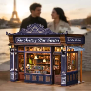 Notting Hill Inspired Miniature bookstore set against a romantic sunset for gift and collection.
