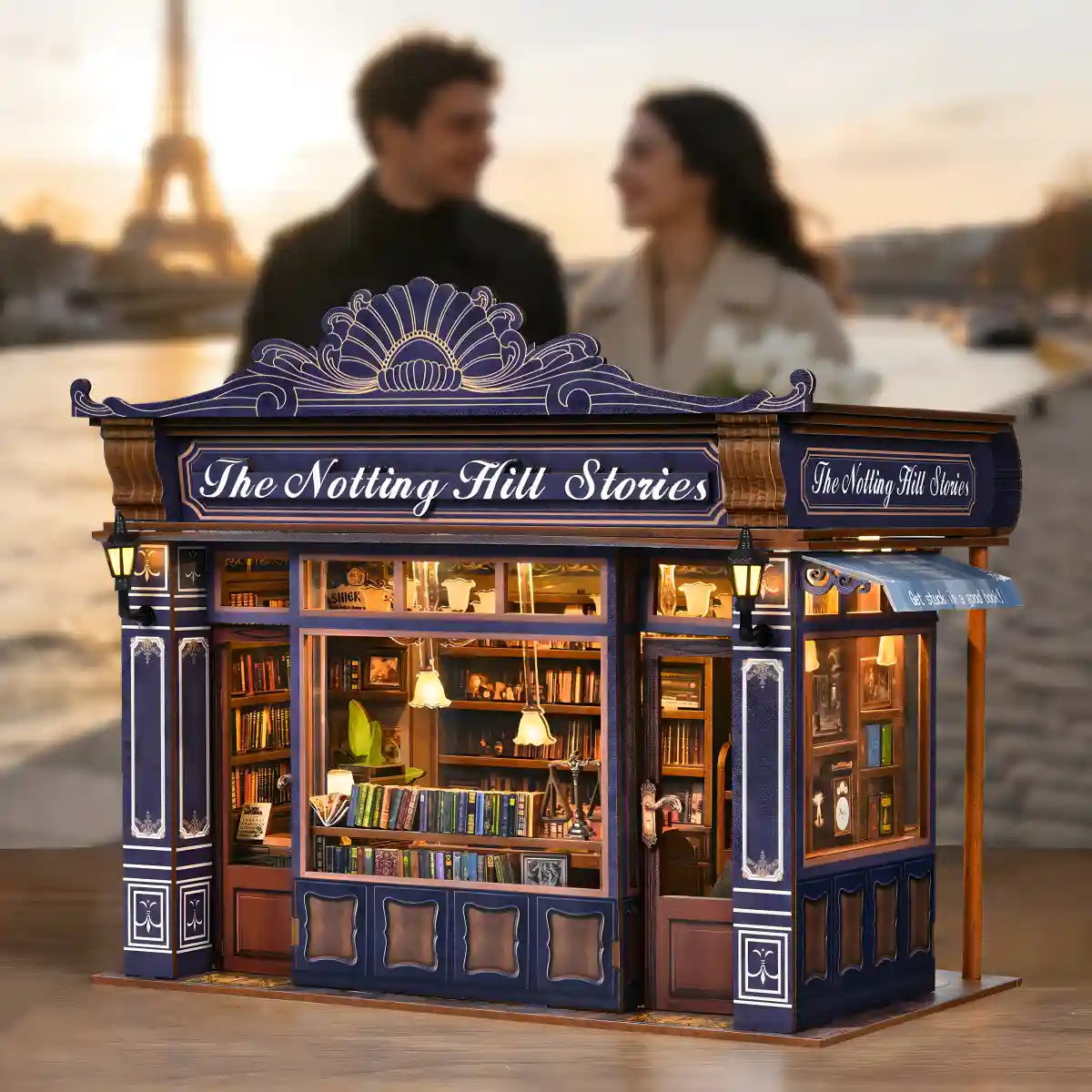 Notting Hill Inspired Miniature bookstore set against a romantic sunset for gift and collection.