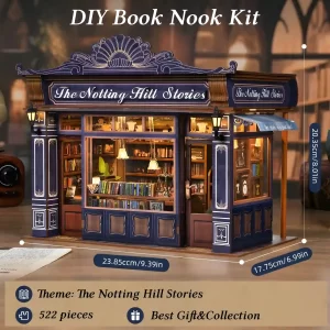 Dimensions for The Notting Hill Stories Miniature House showing 522 pieces and 20.35cm height.