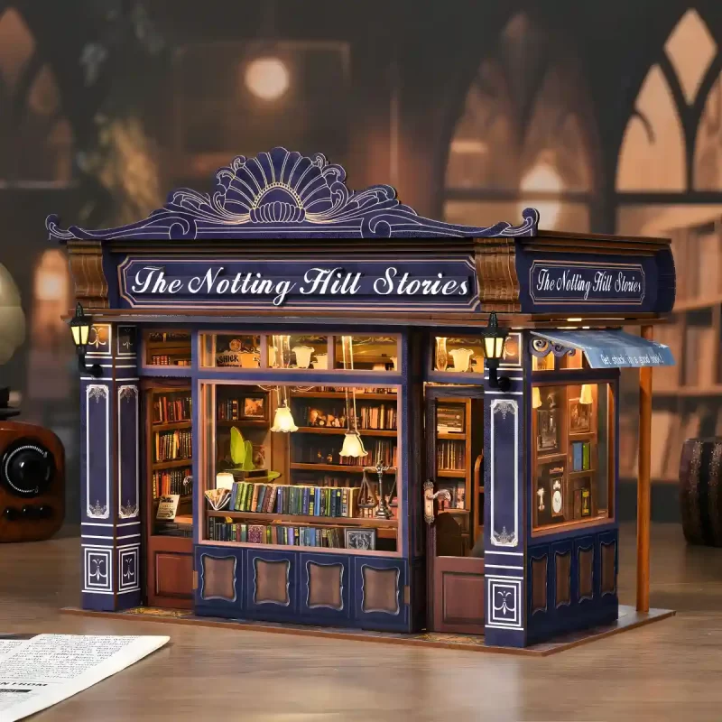 Detailed facade of The Notting Hill Stories DIY Miniature House with glowing bookstore windows.