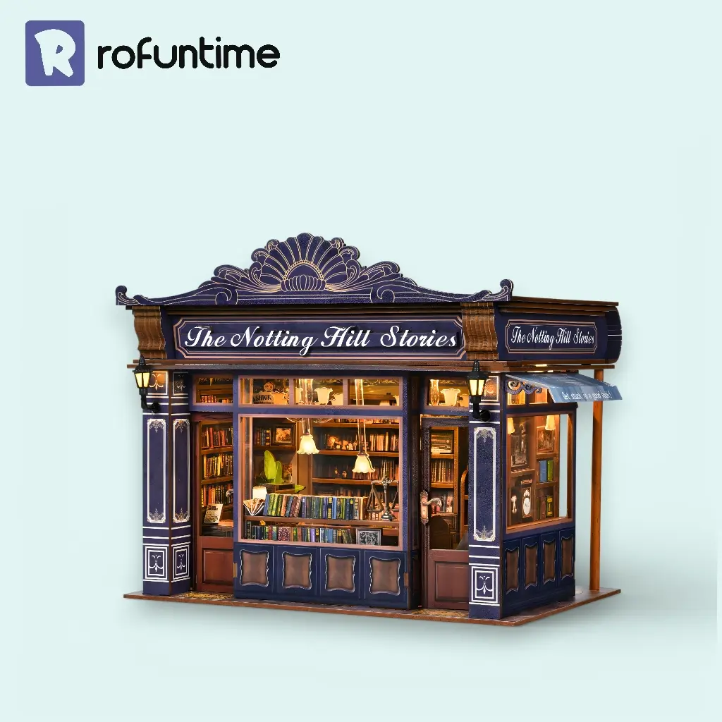 The Notting Hill Stories Miniature House DIY kit British vintage bookstore miniature on plain background