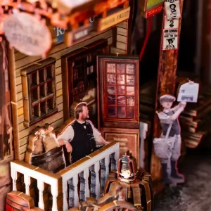 General Store porch with newspaper boy figure, Western themed book nook kit for adults.