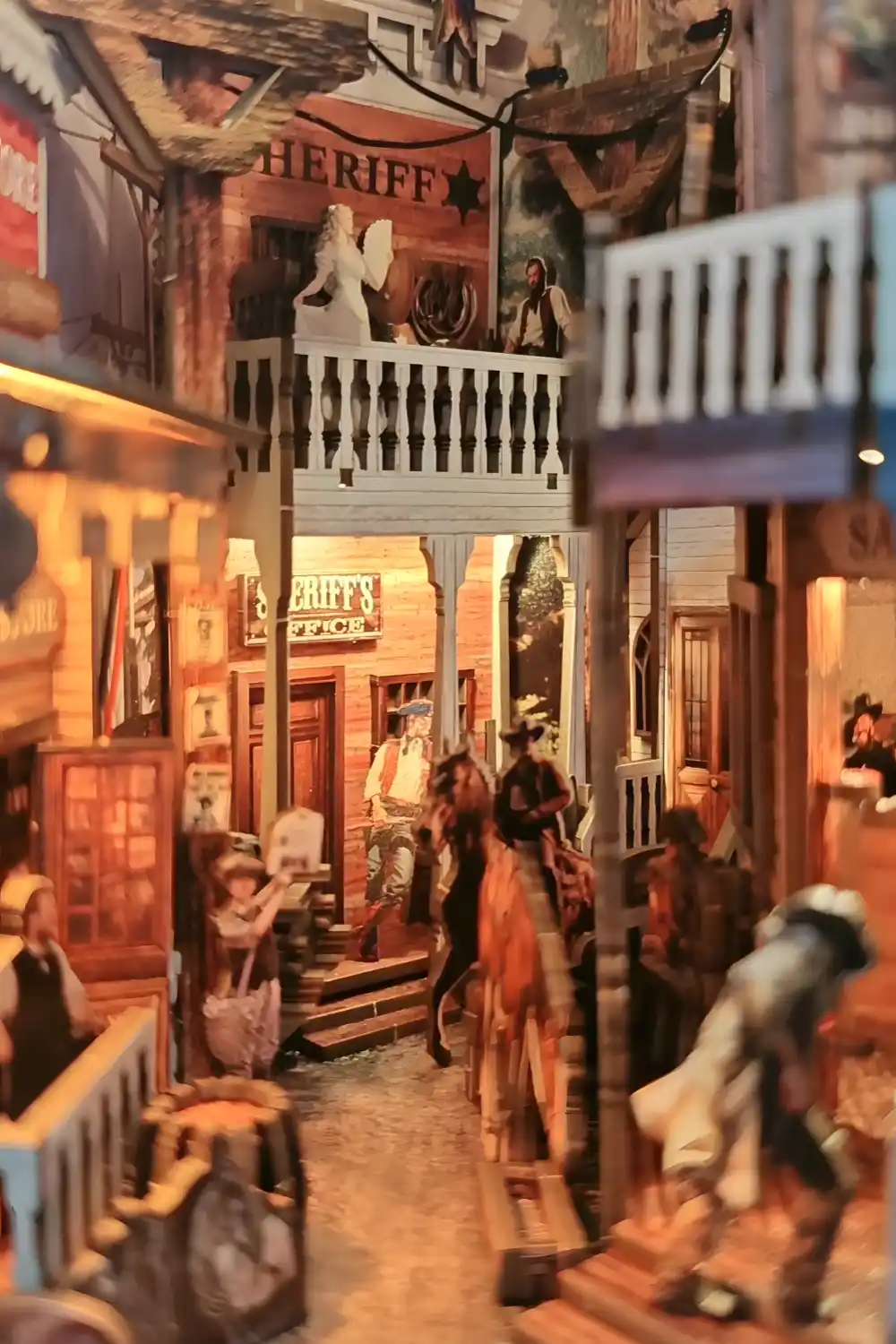 Miniature street scene with Sheriff office and figures, DIY Book Nook Kit Western Town theme.