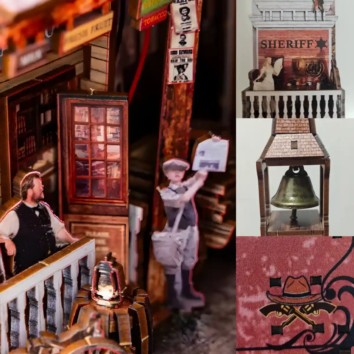 Collage of Western Town Book Nook Kit details including bell, sheriff office, and figures.