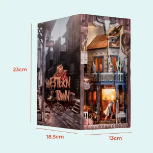 Dimensions for Western Town Book Nook Kit, 23cm height by 18.5cm depth model kit.