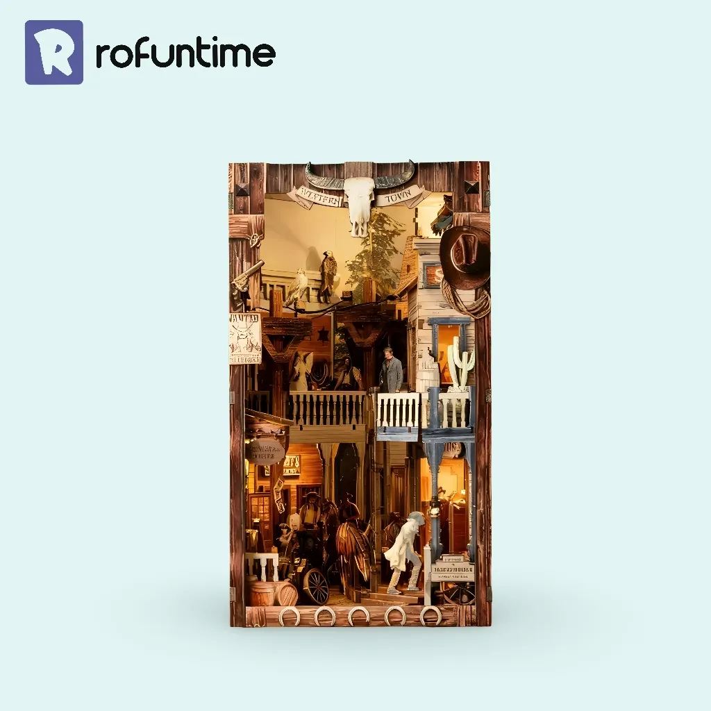 Rofuntime Western Town DIY Book Nook Kit with LED lighting and Wild West diorama scene.
