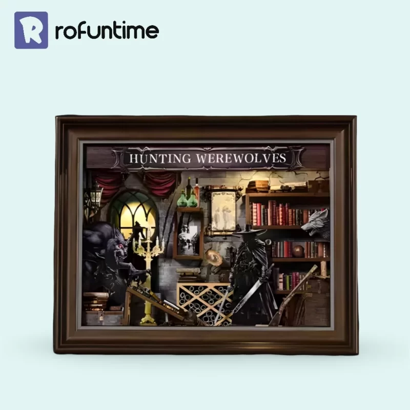 Frontal view of Hunting Werewolves Book Nook featuring a hunter and werewolf scene.