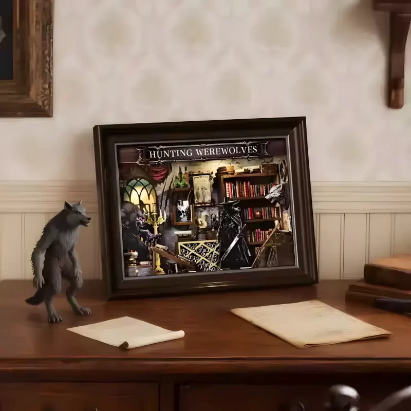 Hunting Werewolves Book Nook Kit on vintage desk with werewolf figurine and gothic decor.