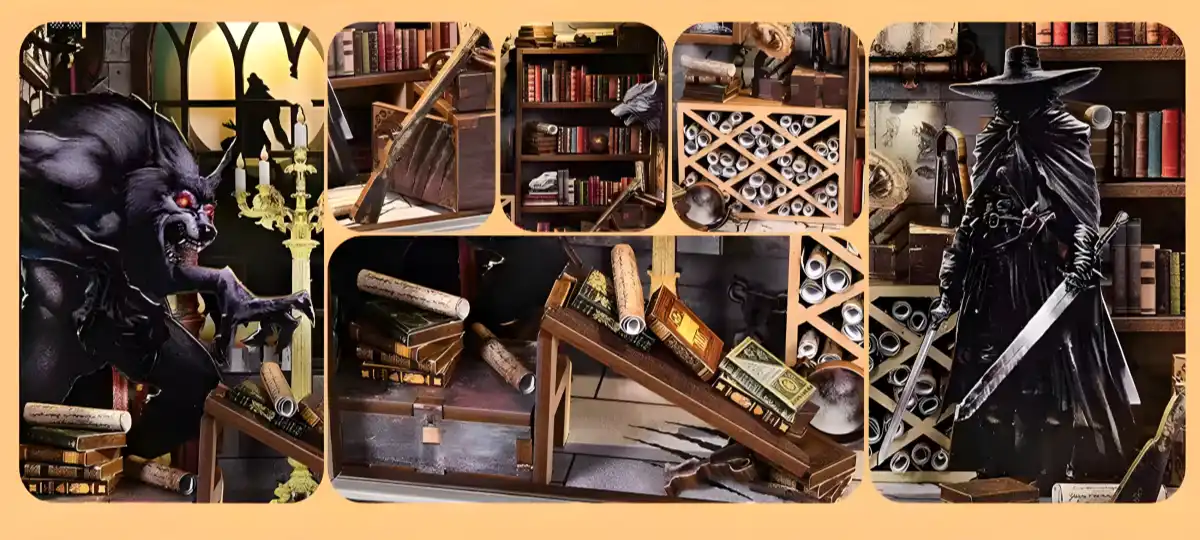 Close-up details of Hunting Werewolves Book Nook Kit showing werewolf vs hunter and gothic items.