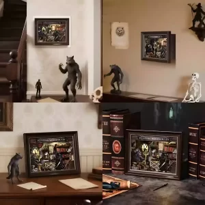 Hunting Werewolves Book Nook as Gothic Bookshelf Decor in various home interior settings.