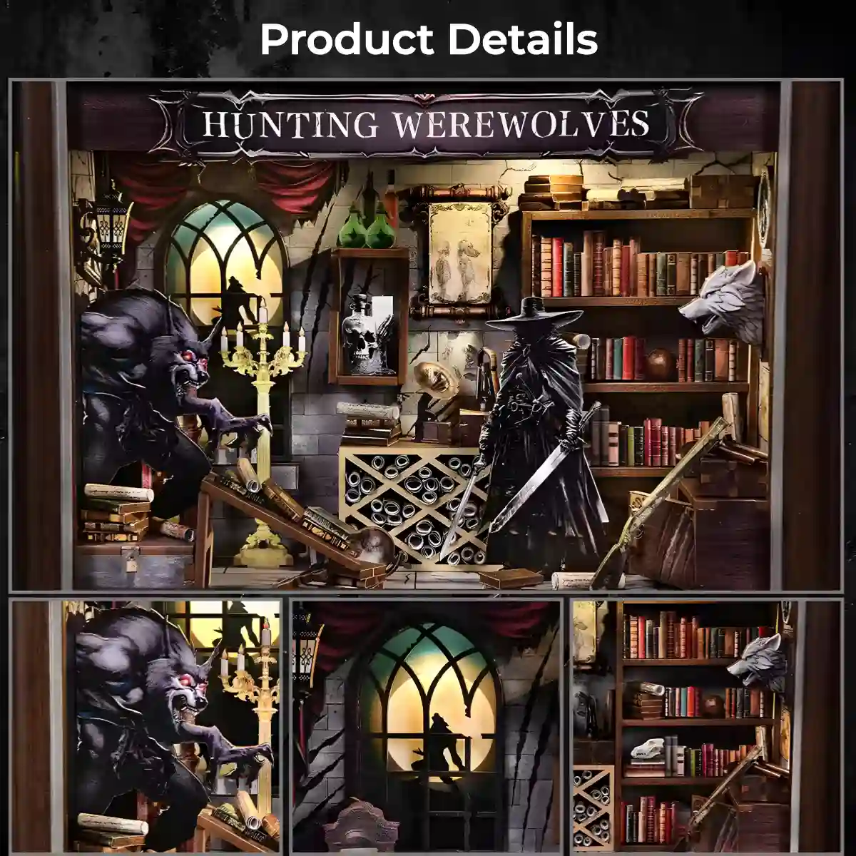 Hunting Werewolves Book Nook details showcasing Werewolf vs Hunter scene with Gothic Decor.