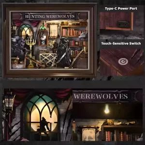 Hunting Werewolves Book Nook Kit features including Type-C power and touch-sensitive switch.