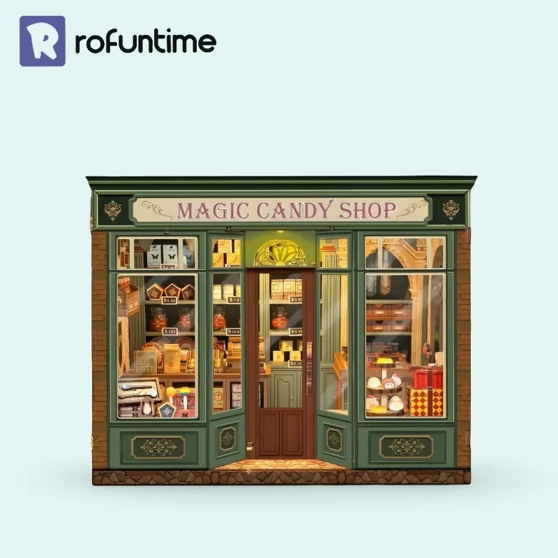 Front view of Magic Candy Shop DIY Miniature House Kit with green retro sweet shop facade.