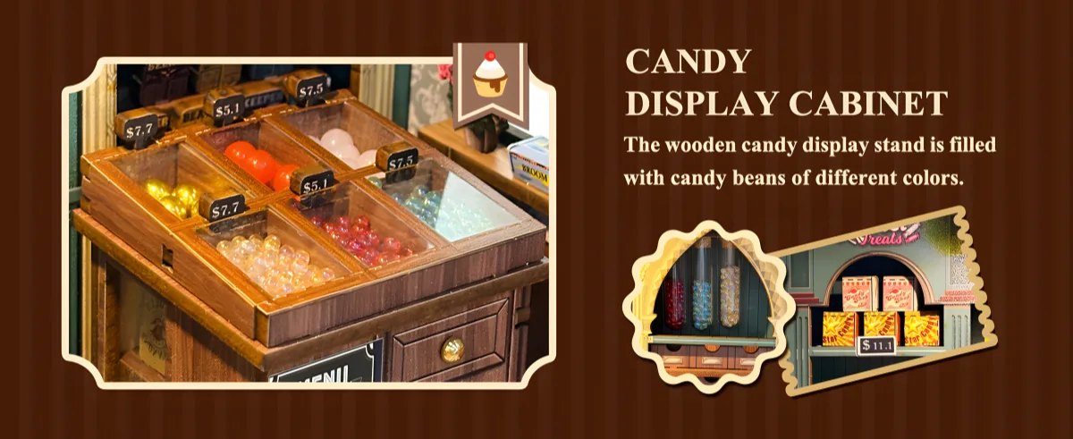 Detailed wooden candy display cabinet within the Vintage Candy Shop Miniature House featuring colorful beans.