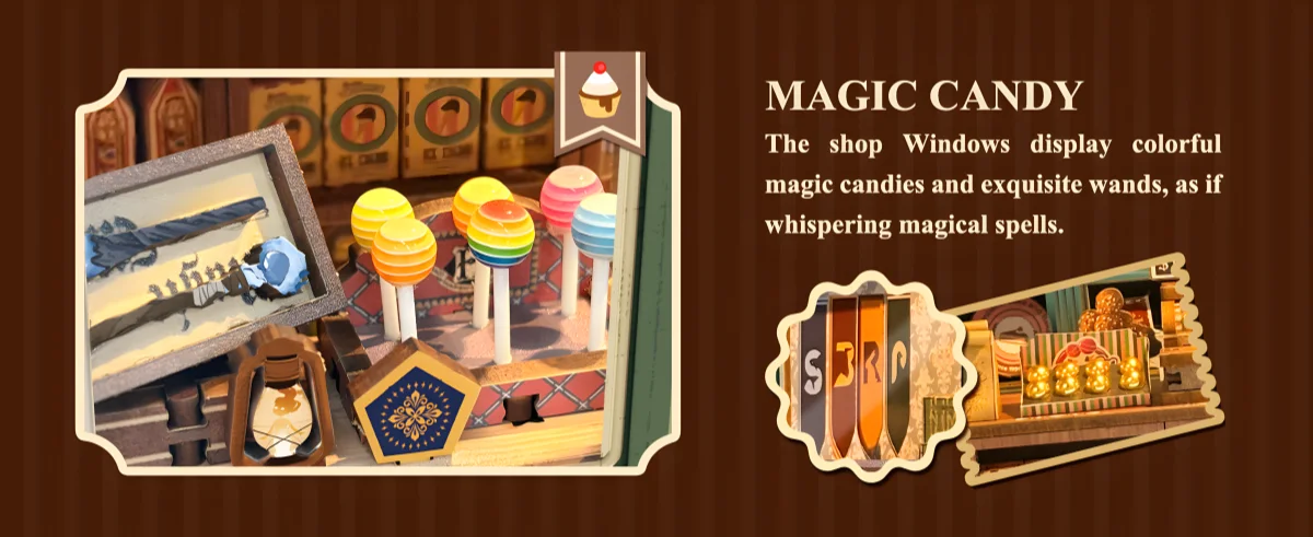 Close up of colorful lollipops and magic wands inside the Whimsical Miniature House display.