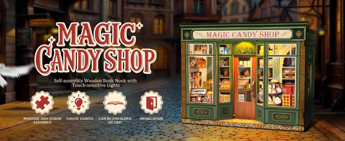 Magic Candy Shop DIY Miniature House features including swing door, touch lights, and mortise-tenon assembly.