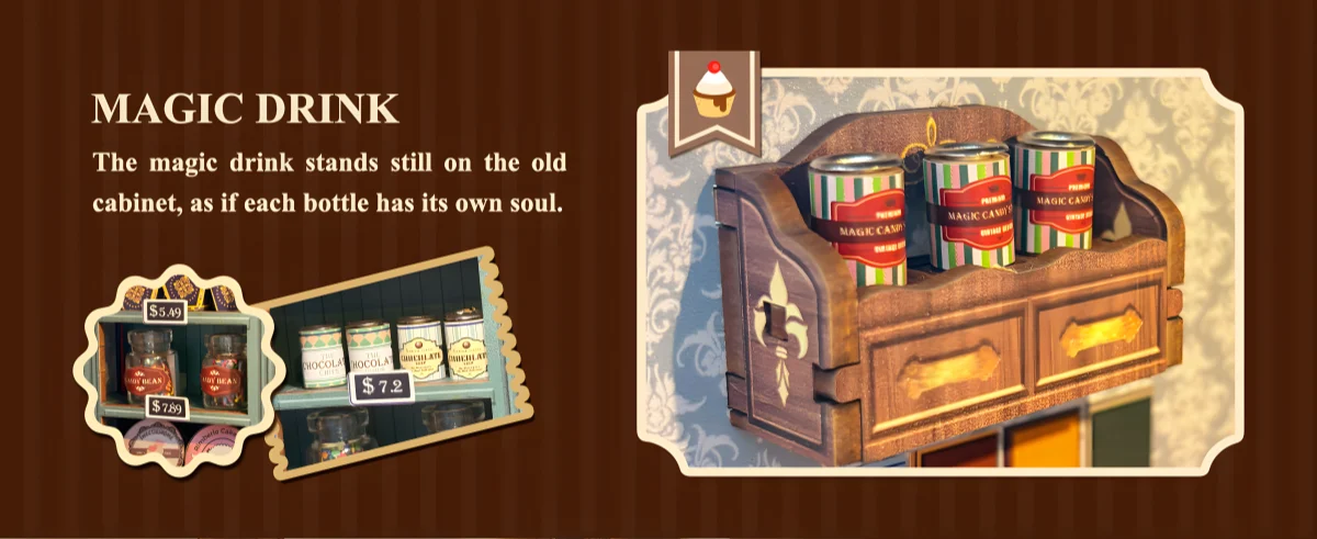 Close-up of whimsical miniature candy jars and magic drinks inside the Retro Sweet Shop dollhouse.