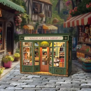Fairytale Magic Candy Shop DIY Miniature House Kit placed in a whimsical retro street scene.