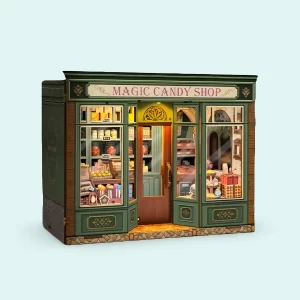 Retro Magic Candy Shop Miniature House kit showing detailed vintage window displays and green facade.