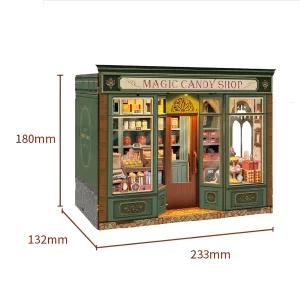 Product dimensions of Magic Candy Shop Miniature House kit measuring 233mm by 132mm by 180mm.