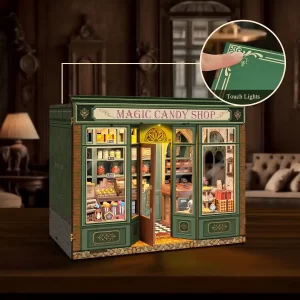 Magic Candy Shop DIY Miniature House Kit with glowing LED lights and touch sensor detail.