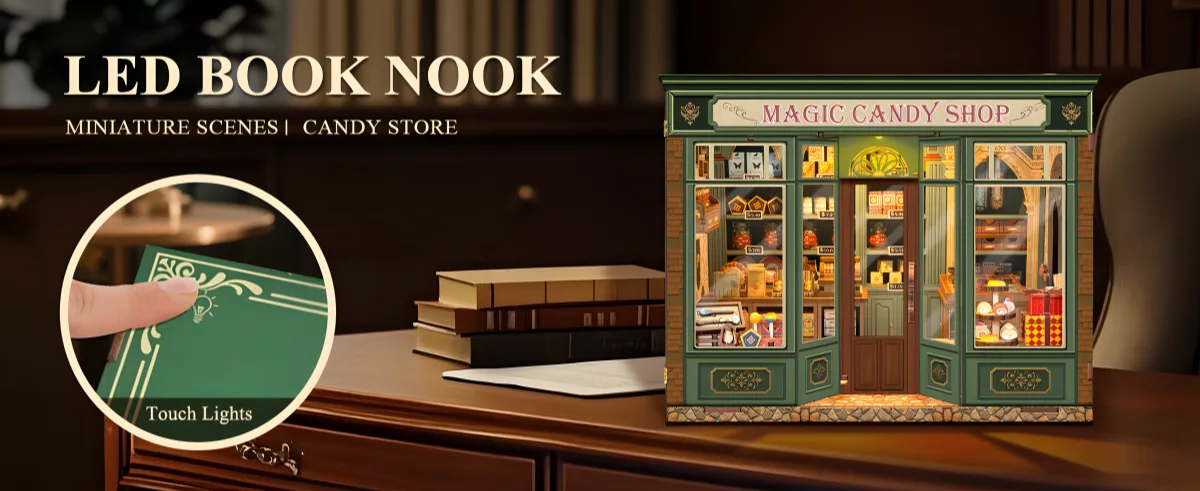 Whimsical Magic Candy Shop Miniature House with LED touch light feature on a wooden desk.
