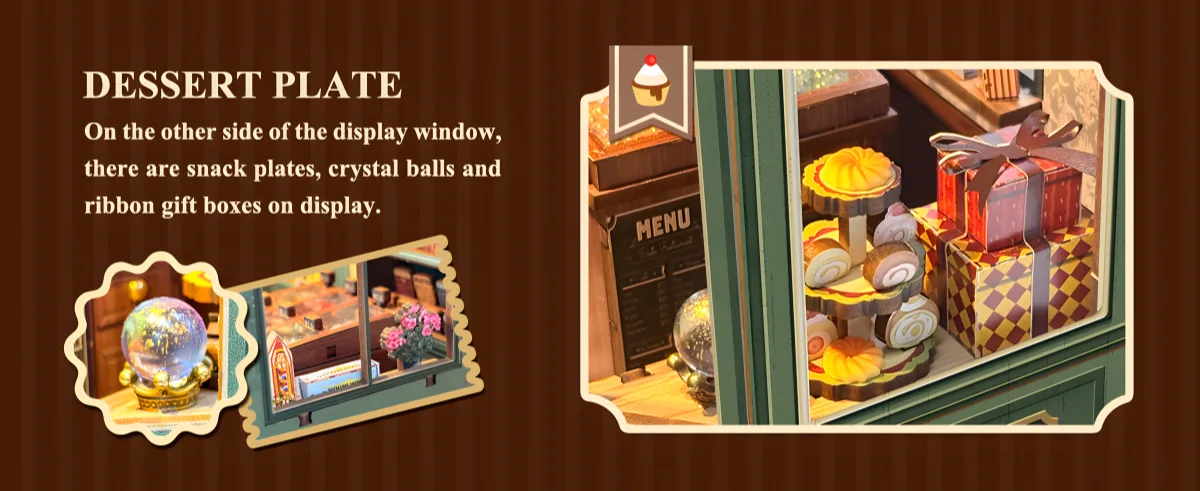 Detailed fairytale dollhouse interior featuring miniature dessert plates, crystal balls, and vintage candy boxes.