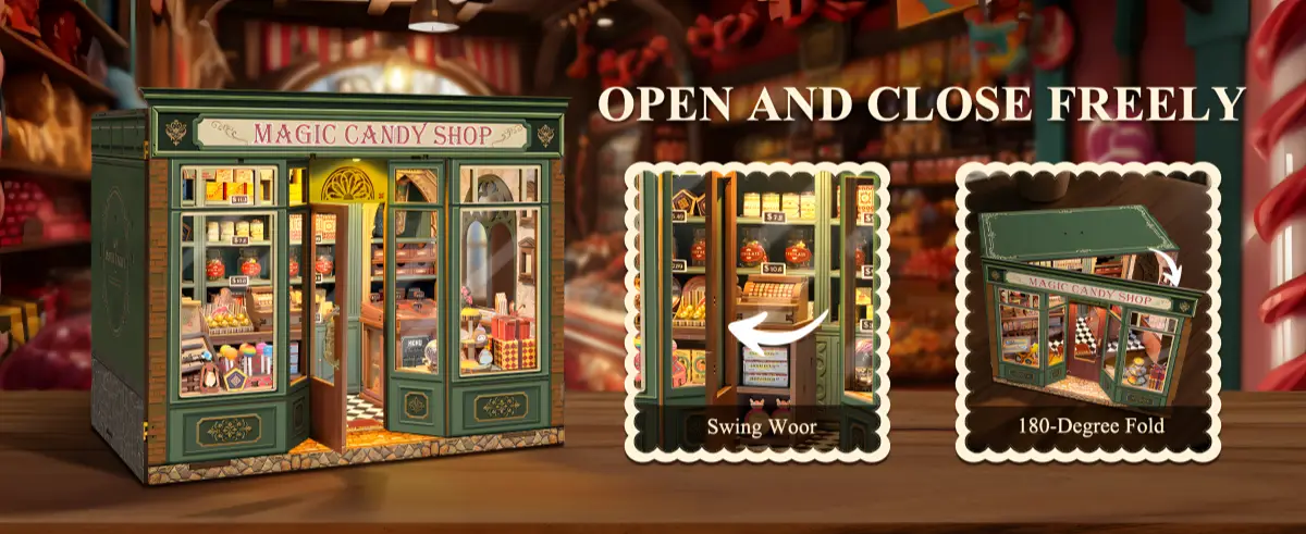 Magic Candy Shop Miniature House featuring 180-degree fold design and functional swinging door.