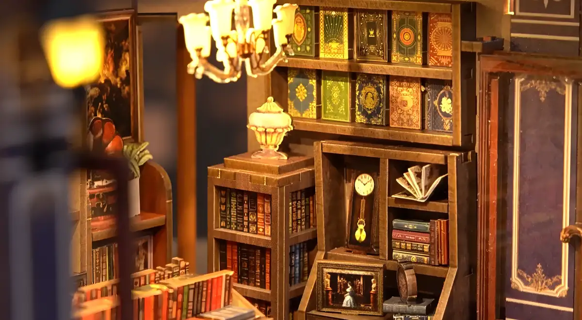 Interior bookshelf display of DIY bookshop kit, perfect miniature storytelling and gifts for book lovers.