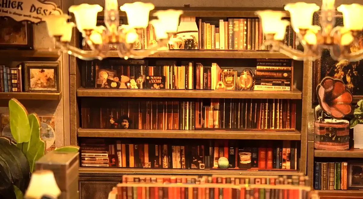 Detailed interior bookshelf with vintage clock, part of Notting Hill Stories DIY miniature house kit.