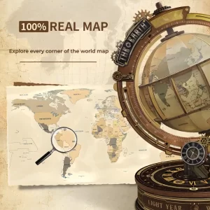 Close-up of geographic discovery details on the Celestial Orbit Globe 3D Wooden Puzzle.