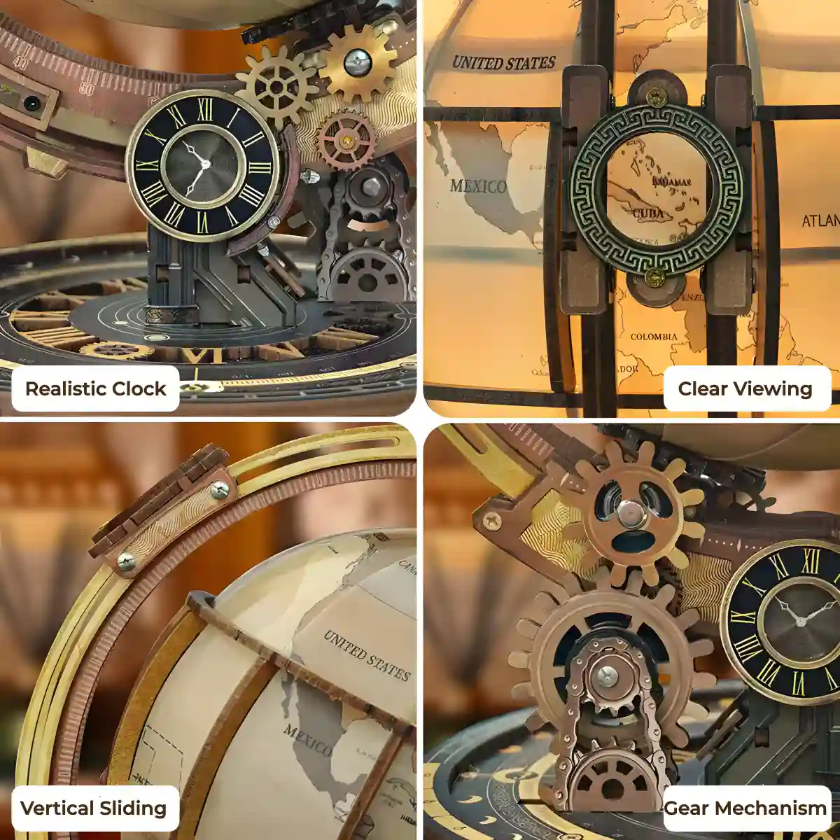 Educational wooden model features including gear-driven puzzle parts and mechanical sci-fi puzzle elements.