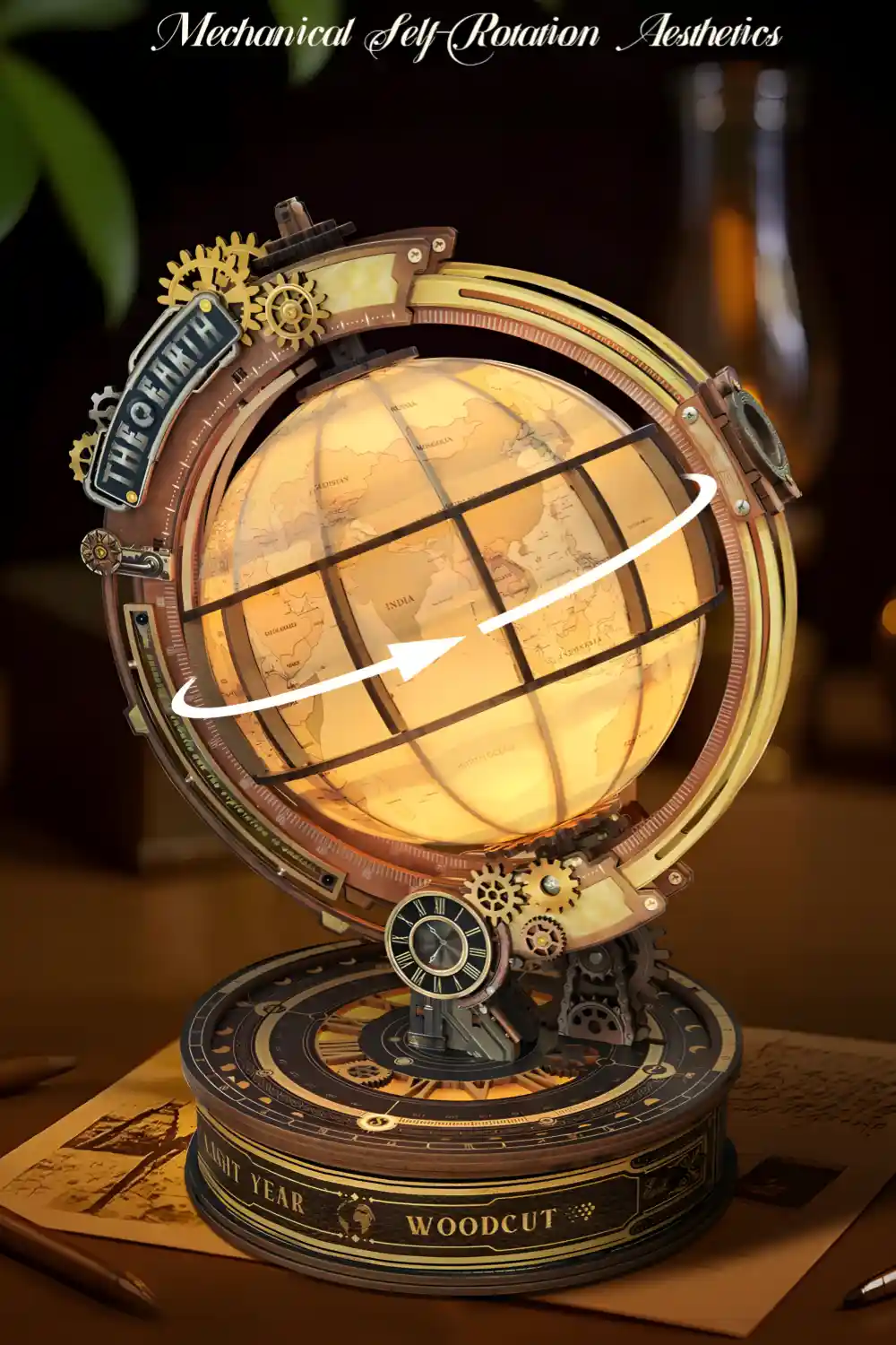 Mechanical spin action of the Globe 3D Wooden Puzzle demonstrating smooth gear-driven movement.