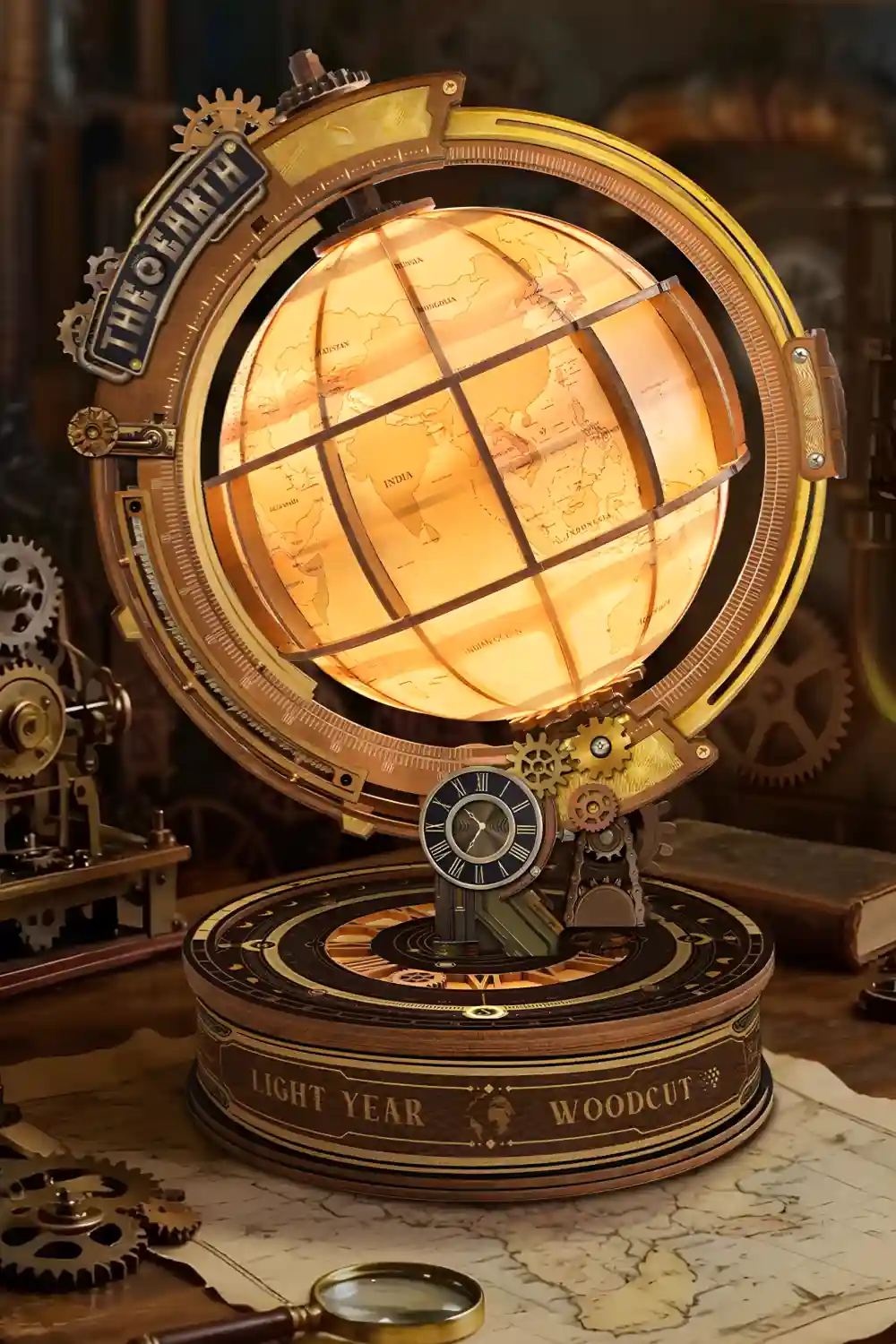 Celestial Orbit Globe 3D Wooden Puzzle featuring an illuminated LED globe and vintage mechanical aesthetic.