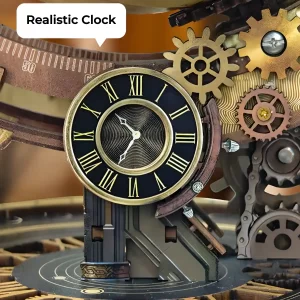Close-up of a mechanical motion gear-driven puzzle featuring a functional integrated realistic clock.