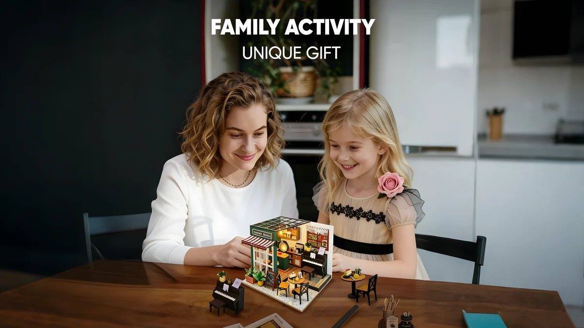 Family building a Rofuntime miniature dollhouse kit, a perfect DIY book nook kit gift.