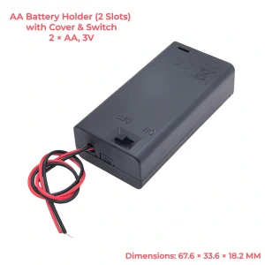 Dimensions of AA battery holder for music box or DIY kits measuring 67.6x33.6x18.2 mm.