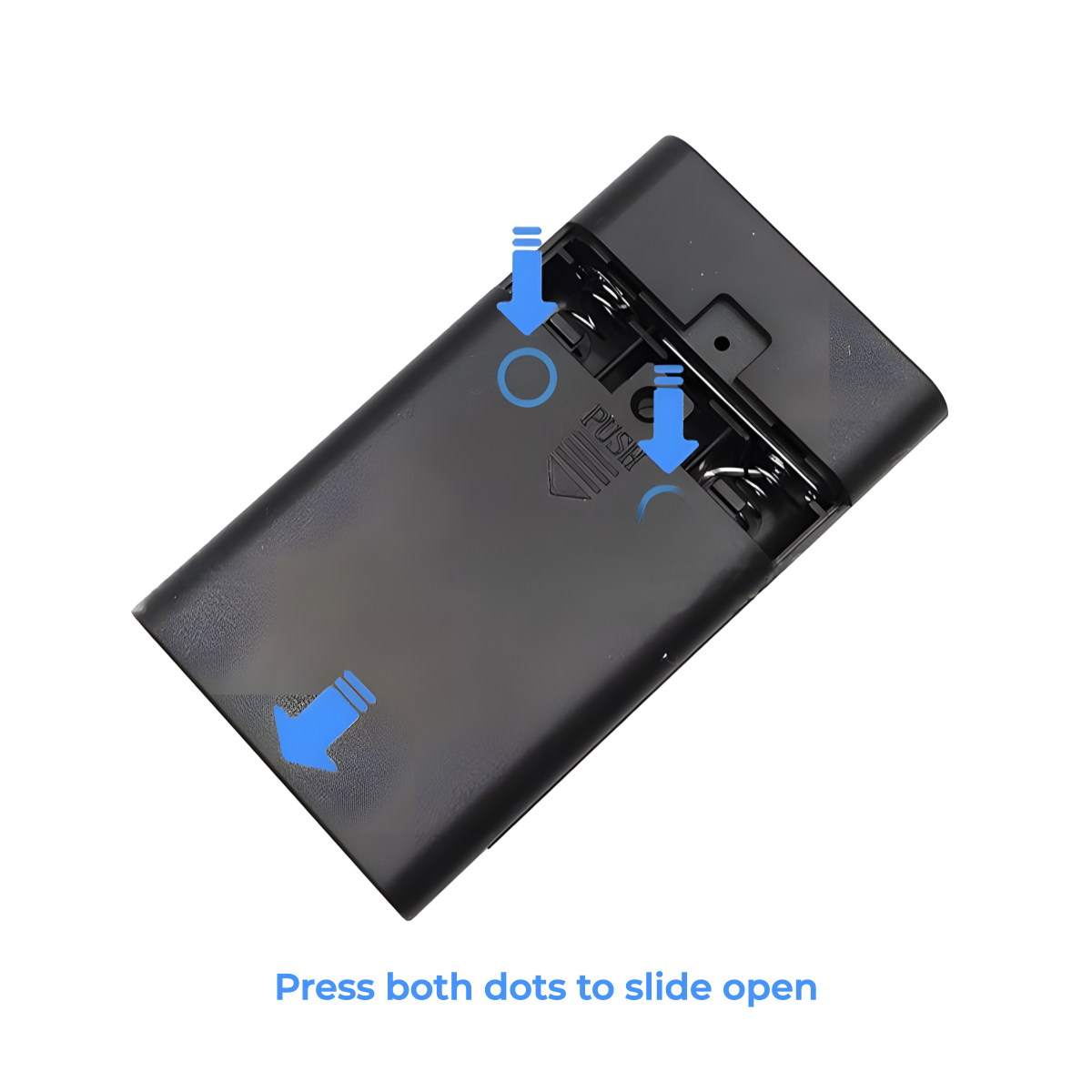Instructional guide to opening the AA battery box with switch for book nook projects.