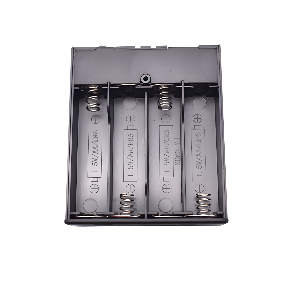 Internal compartment of a 4-cell AA battery box with switch showing high-quality contact springs.