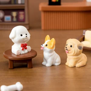 White dog miniature with red bow, corgi, and golden retriever mini dog figurines