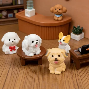 Five baby dog figurines arranged in a miniature dollhouse reception or office area