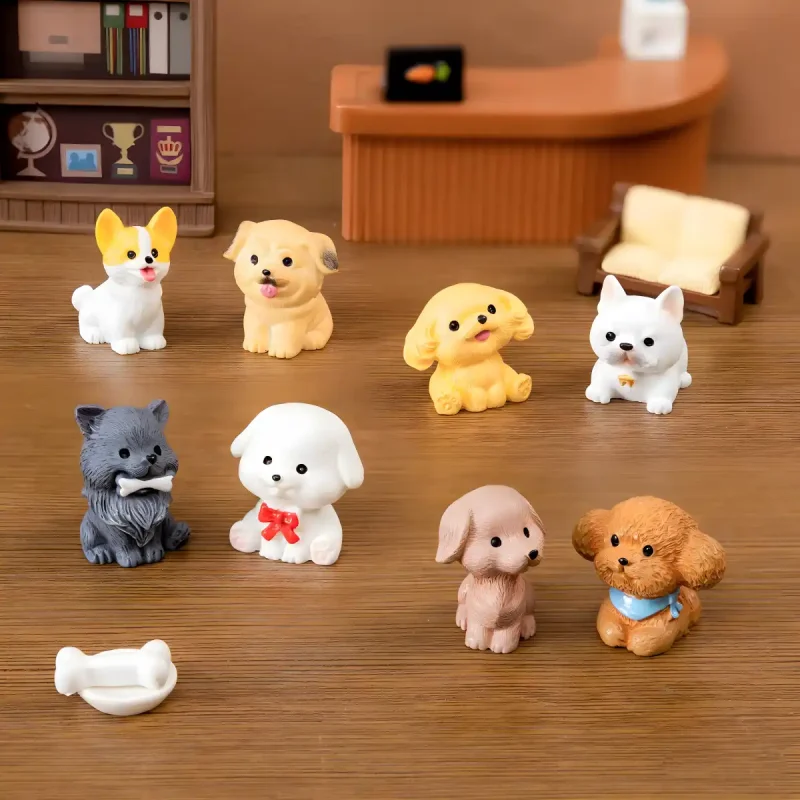 Full set of eight baby dog figurines in various breeds for DIY miniature crafts