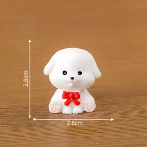White Bichon Frise dog miniature with red bow and 2.8cm height dimensions