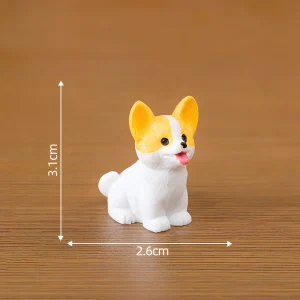 Sitting Corgi mini dog figurines with orange ears and 3.1cm height measurement